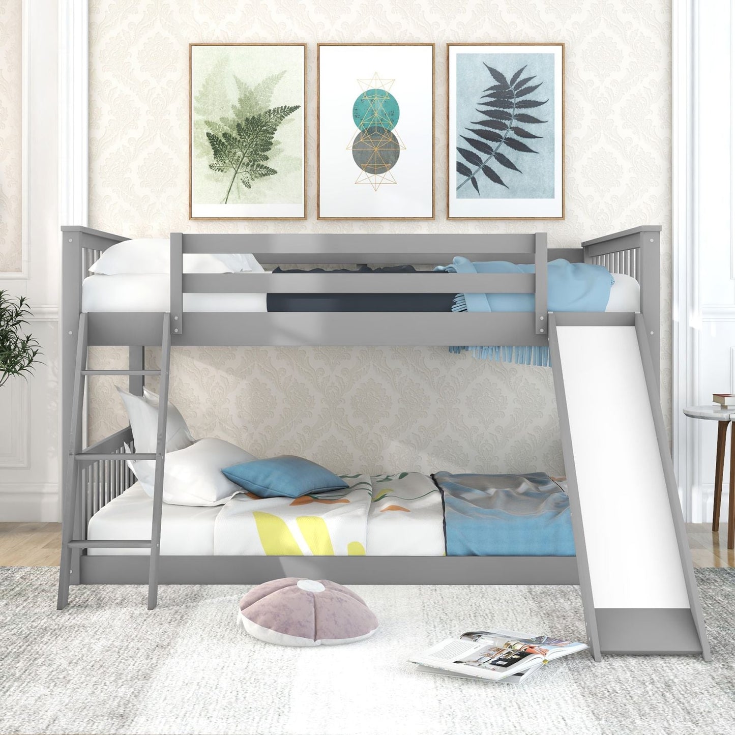 Fun Convertible Slide Full Over Full Wood Bunk Bed, Gray | Just Better Bunk Beds