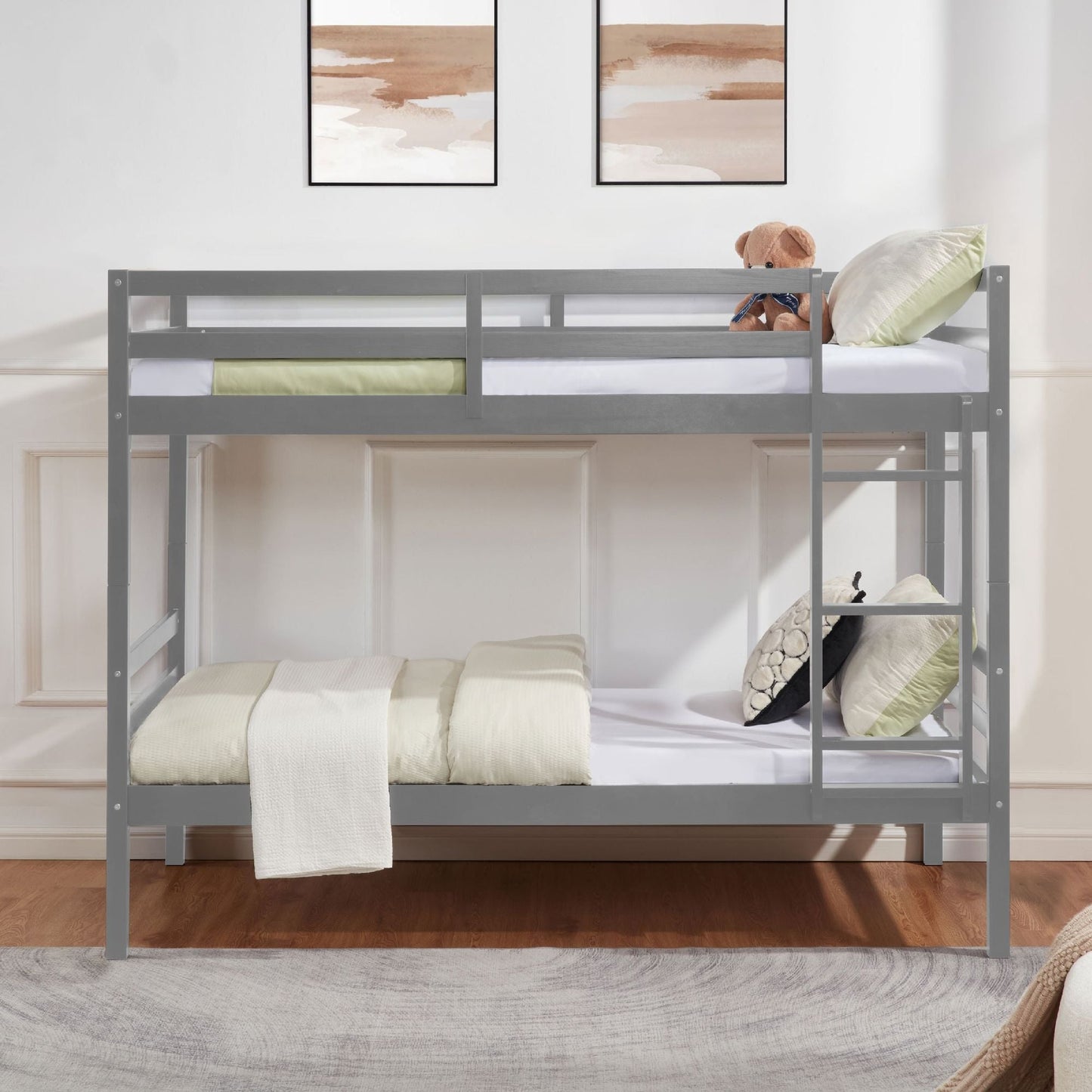 Twin over Twin Bunk Bed with Ladder,Wooden Bunk Bed with High Guardrail and Ladder for Kids, Teens, Dorm Rooms, and Guest Rooms,No Box Spring Needed,Grey