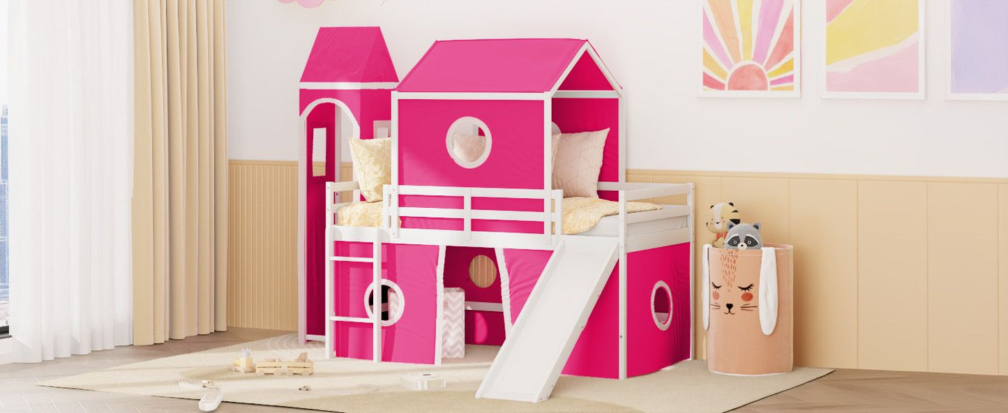 Kids Bedroom Twin Loft Bed with Slide, Pink Tent and Tower, Pink Wood | Just Better Bunk Beds