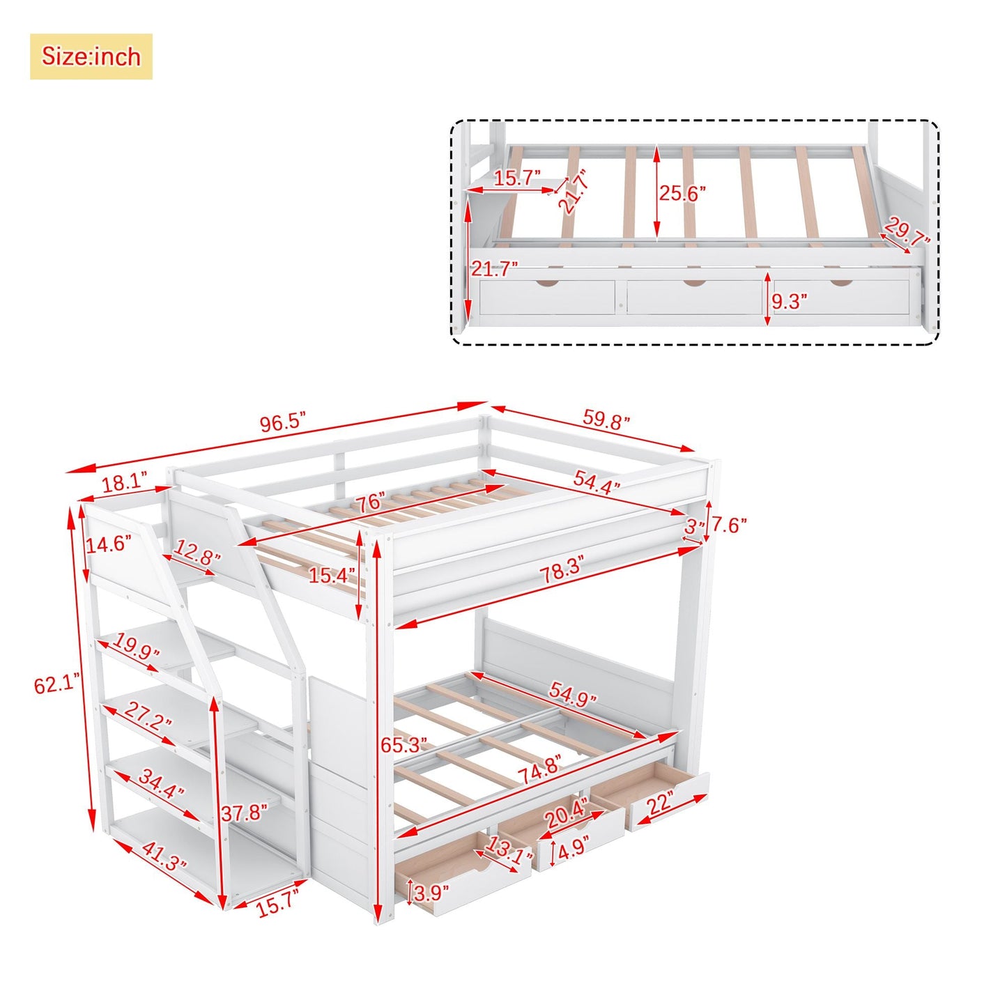 Convertible Full Wood Bunk Bed with Storage Staircase, Bedside Table, 3 Drawers, White | Just Better Bunk Beds