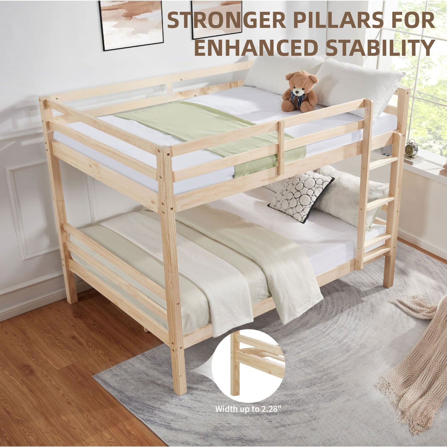 Heavy-Duty Full Over Full Wood Bunk Bed with Thick Posts, High Guardrail, Ladder, Natural | Just Better Bunk Beds