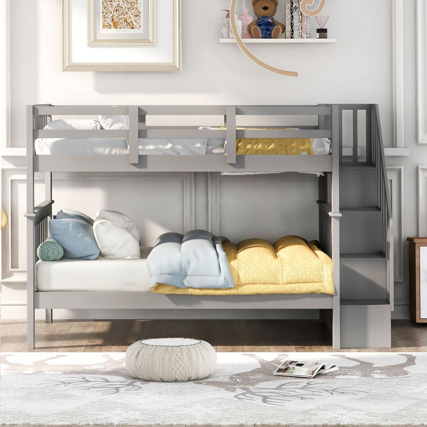 Staircase Storage Full Over Full Wood Bunk Bed, Gray | Just Better Bunk Beds
