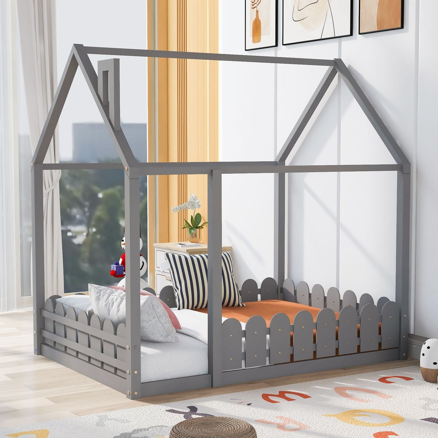 Kids Bedroom Full Wood Bed Frame with Protective Fence, White | Just Better Bunk Beds