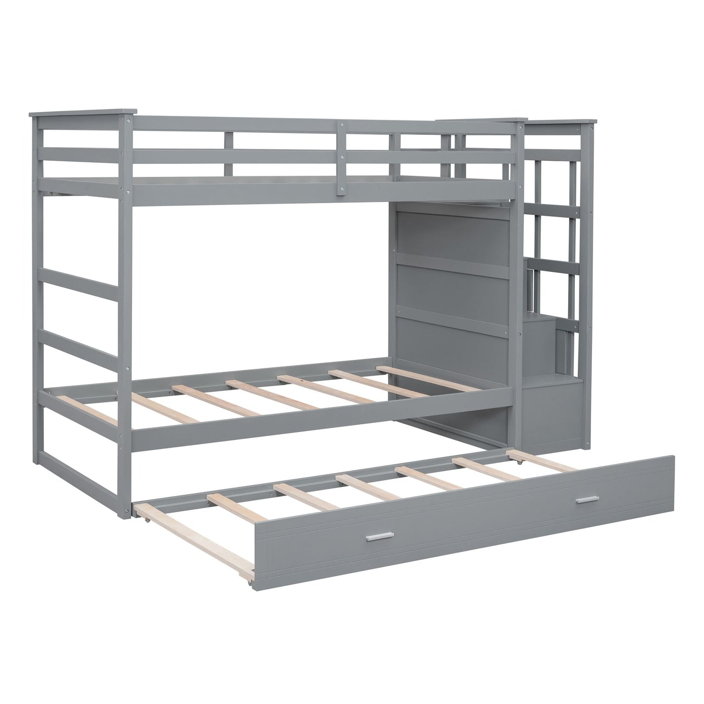 Shared Room Solution Twin Over Twin Wood Bunk Bed with Trundle and Staircase, Gray | Just Better Bunk Beds
