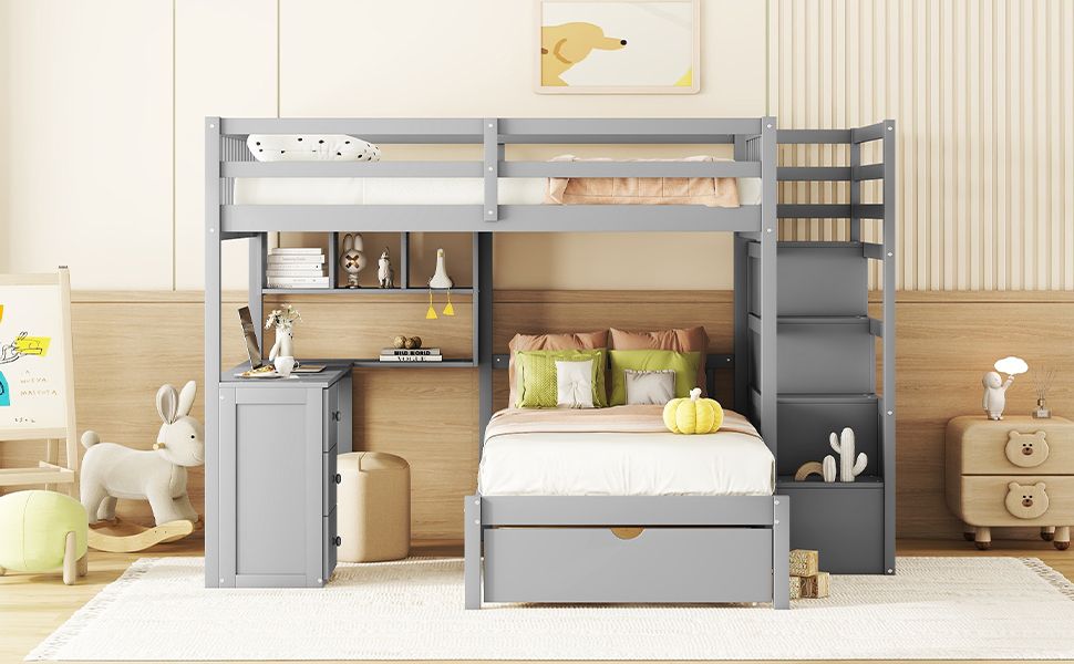 Shared Room Solution Full Over Twin Wood Bunk Bed with Desk, Drawers and Shelves, Gray | Just Better Bunk Beds