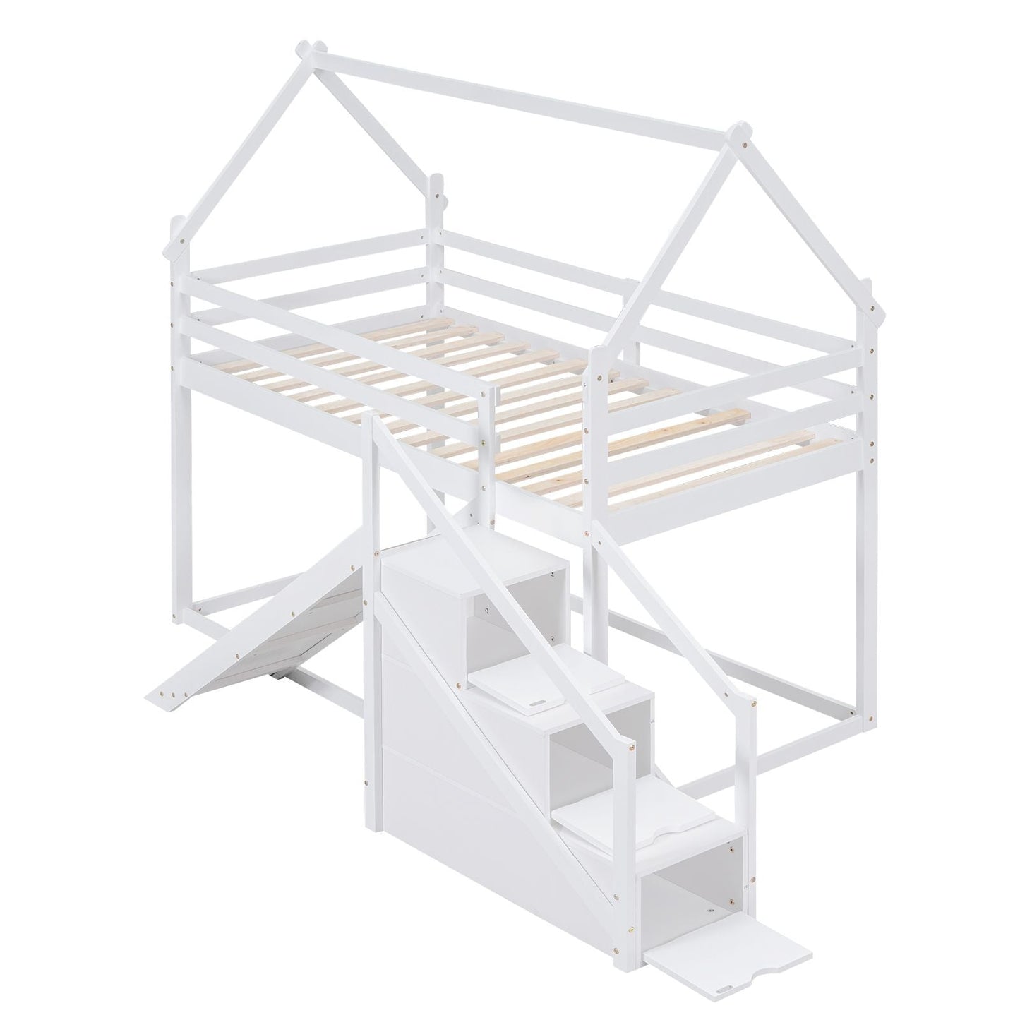 Kids Bedroom Twin Over Twin Wood House Loft Bed with Slide and Staircase, White | Just Better Bunk Beds