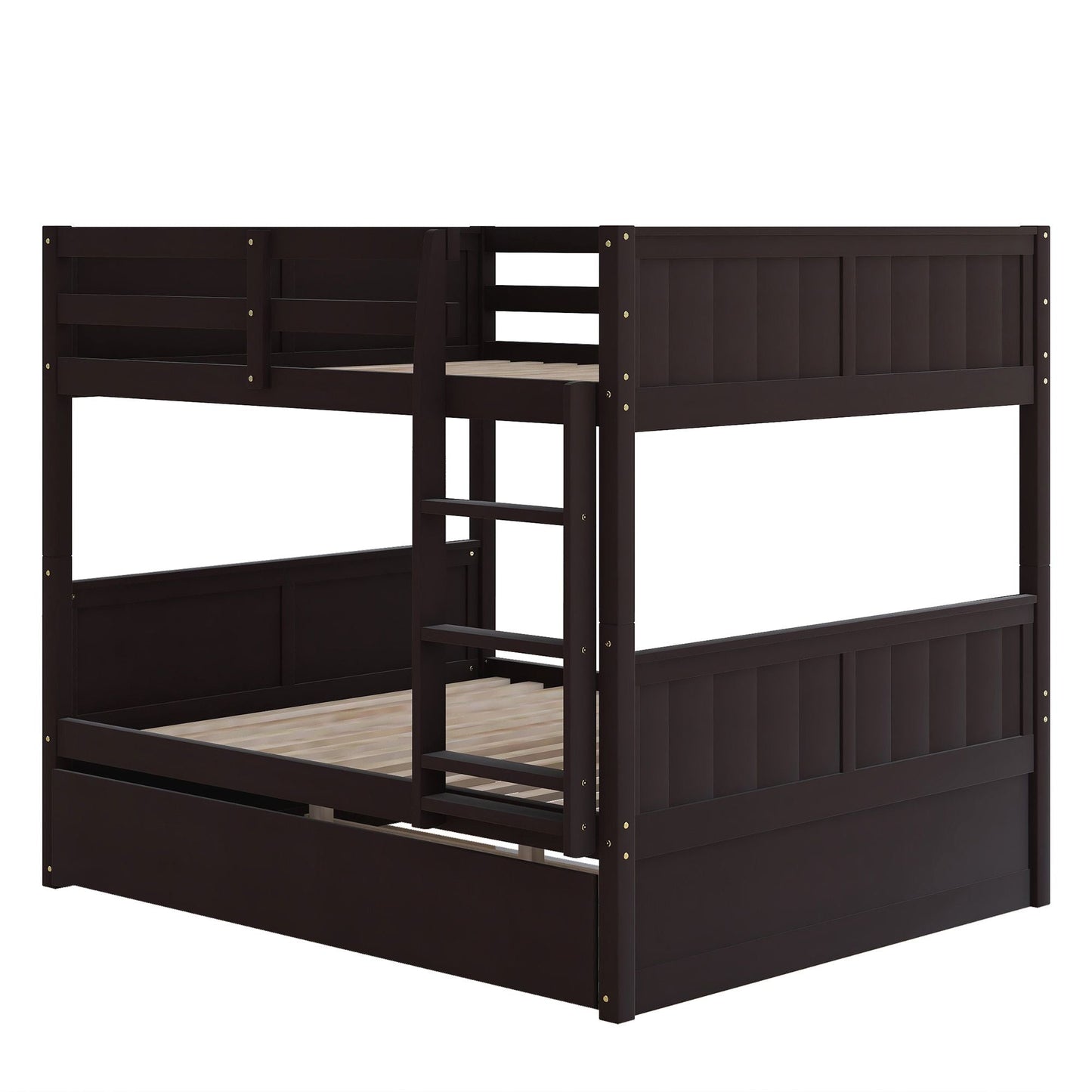 Space-Saving Full Over Full Wood Bunk Bed with Twin Trundle, Espresso | Just Better Bunk Beds