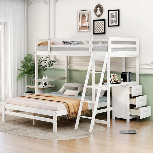 Space-Saving Twin Over Full Wood Bunk Bed with Built-in Desk and Drawers, White | Just Better Bunk Beds