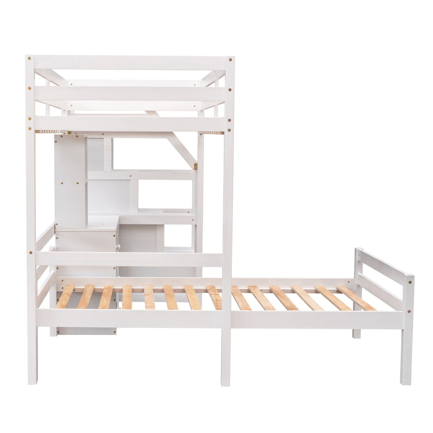 Space-Saving Twin Wood Loft Bed with Stand-Alone Bed, Storage Staircase, Desk, Shelves and Drawers, White | Just Better Bunk Beds