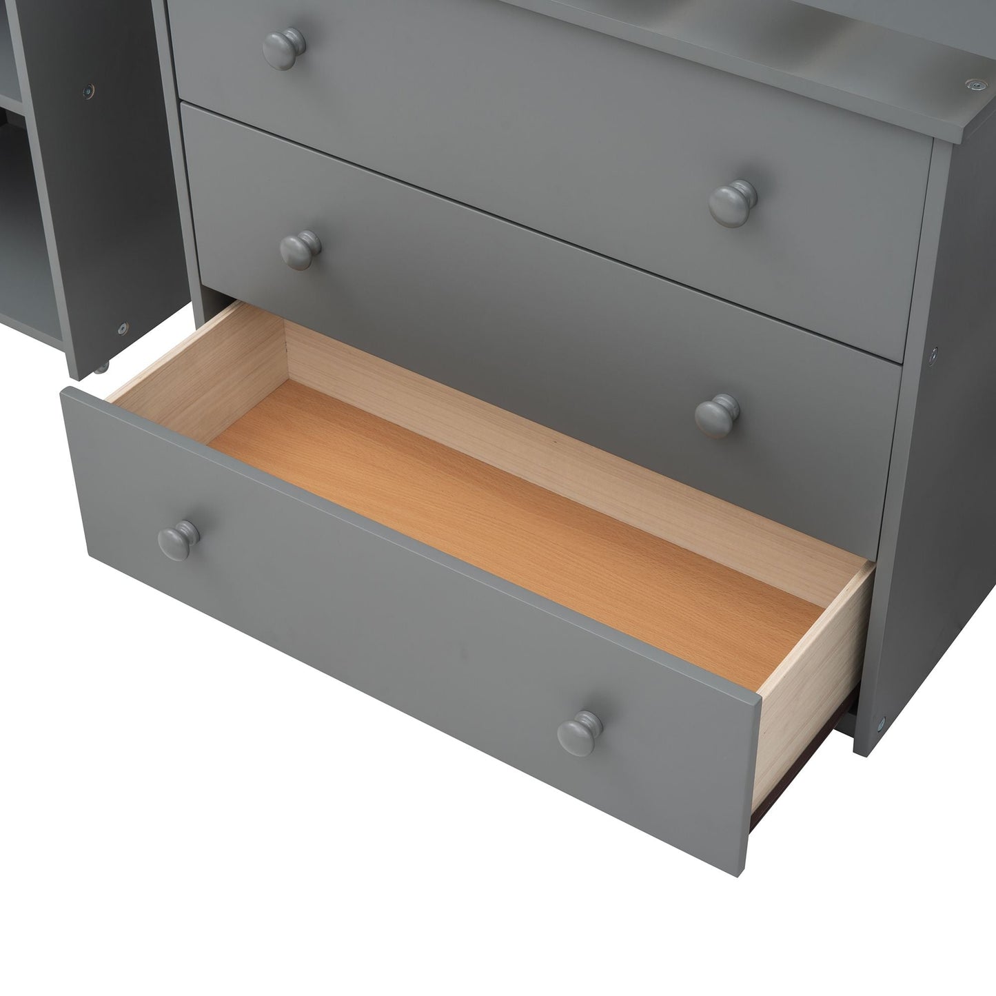 Kids Bedroom Twin Wood Loft Bed with Cabinet and Rolling Desk, White | Just Better Bunk Beds