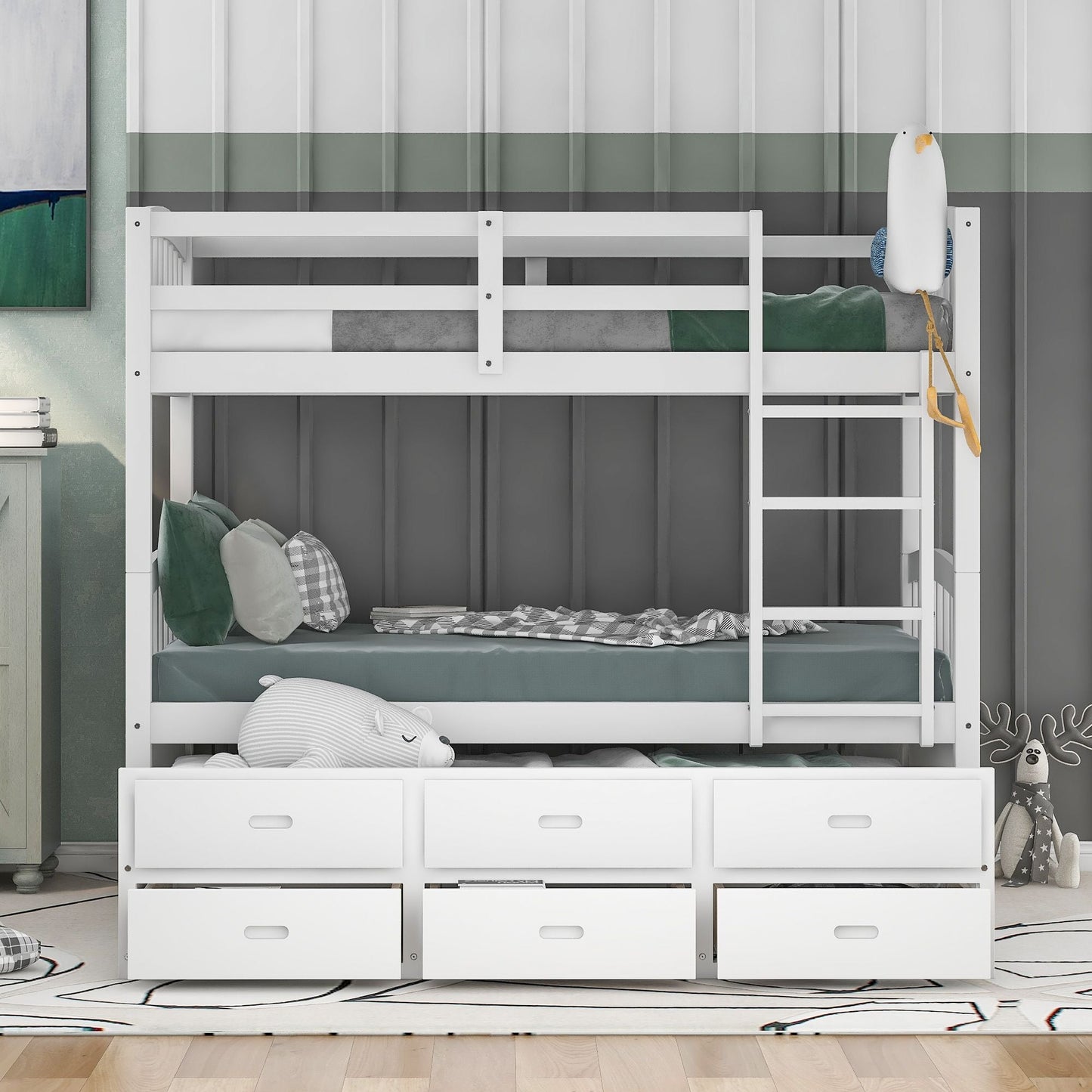 Space-Saving Twin Over Twin Wood Bunk Bed with Trundle and Drawers, White | Just Better Bunk Beds