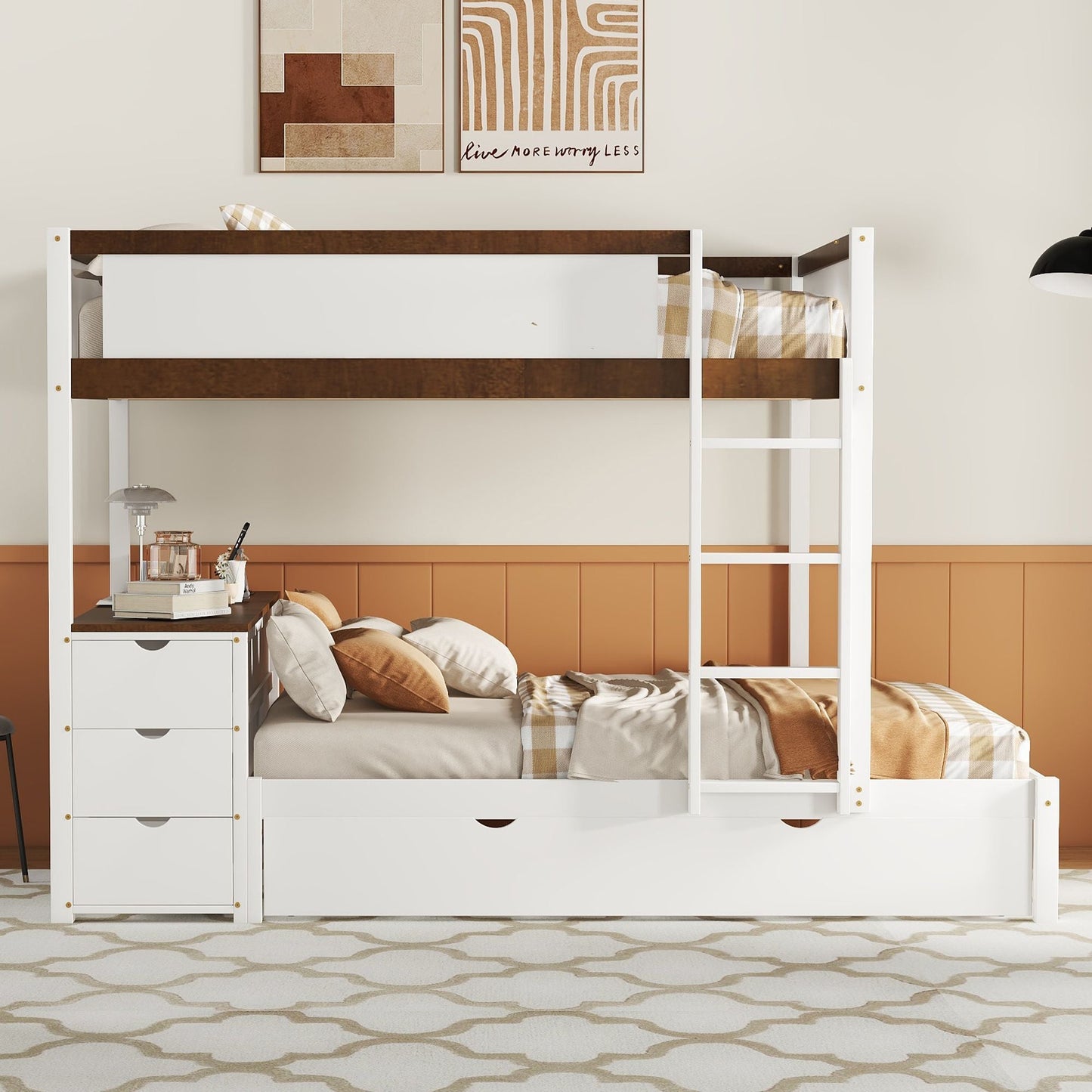 Shared Room Solution Full Over Full Wood Bunk Bed with Twin Trundle, Storage, Desk, White Walnut | Just Better Bunk Beds