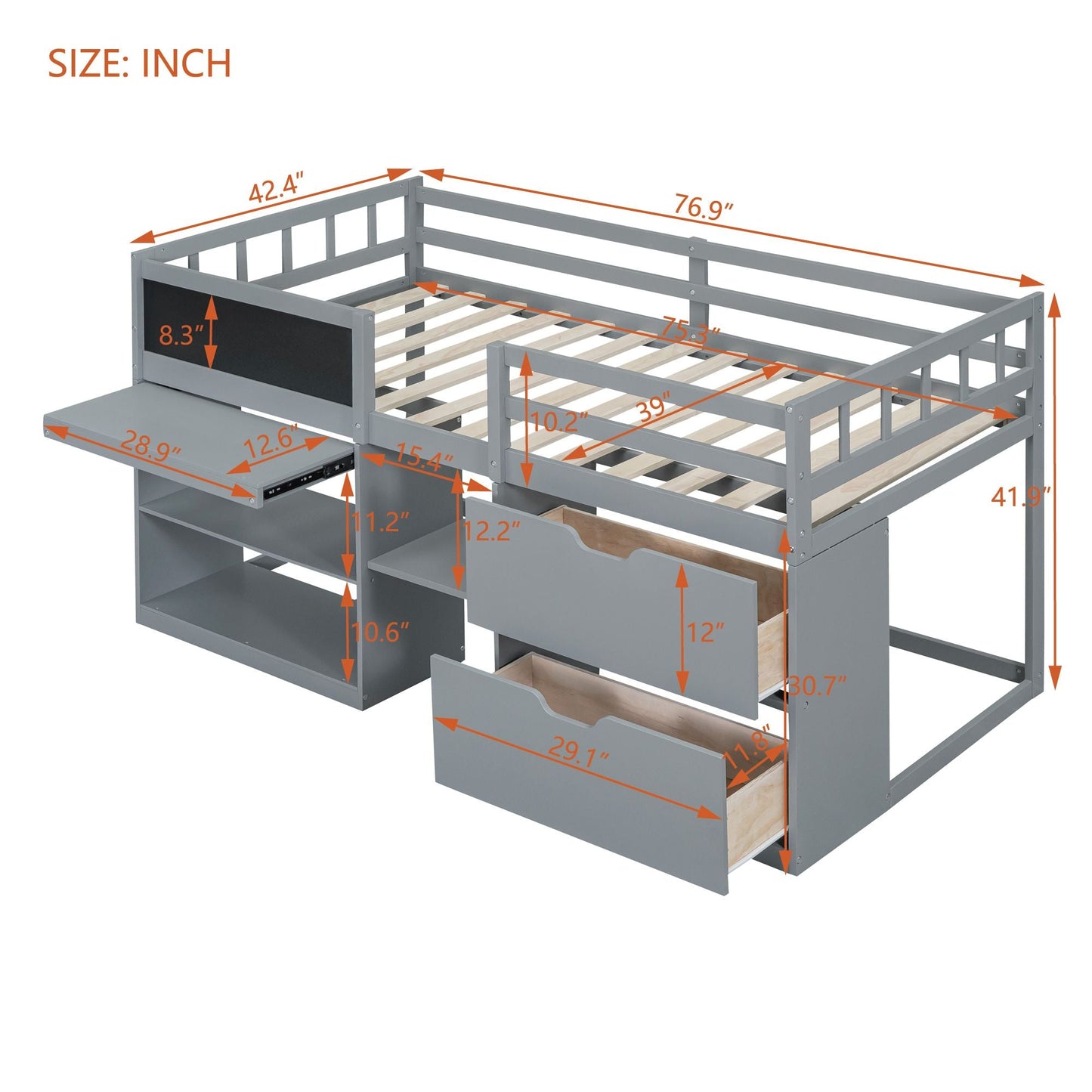 Space-Saving Twin Low Loft Wood Bed with Rolling Desk, Shelf, Drawers, White | Just Better Bunk Beds