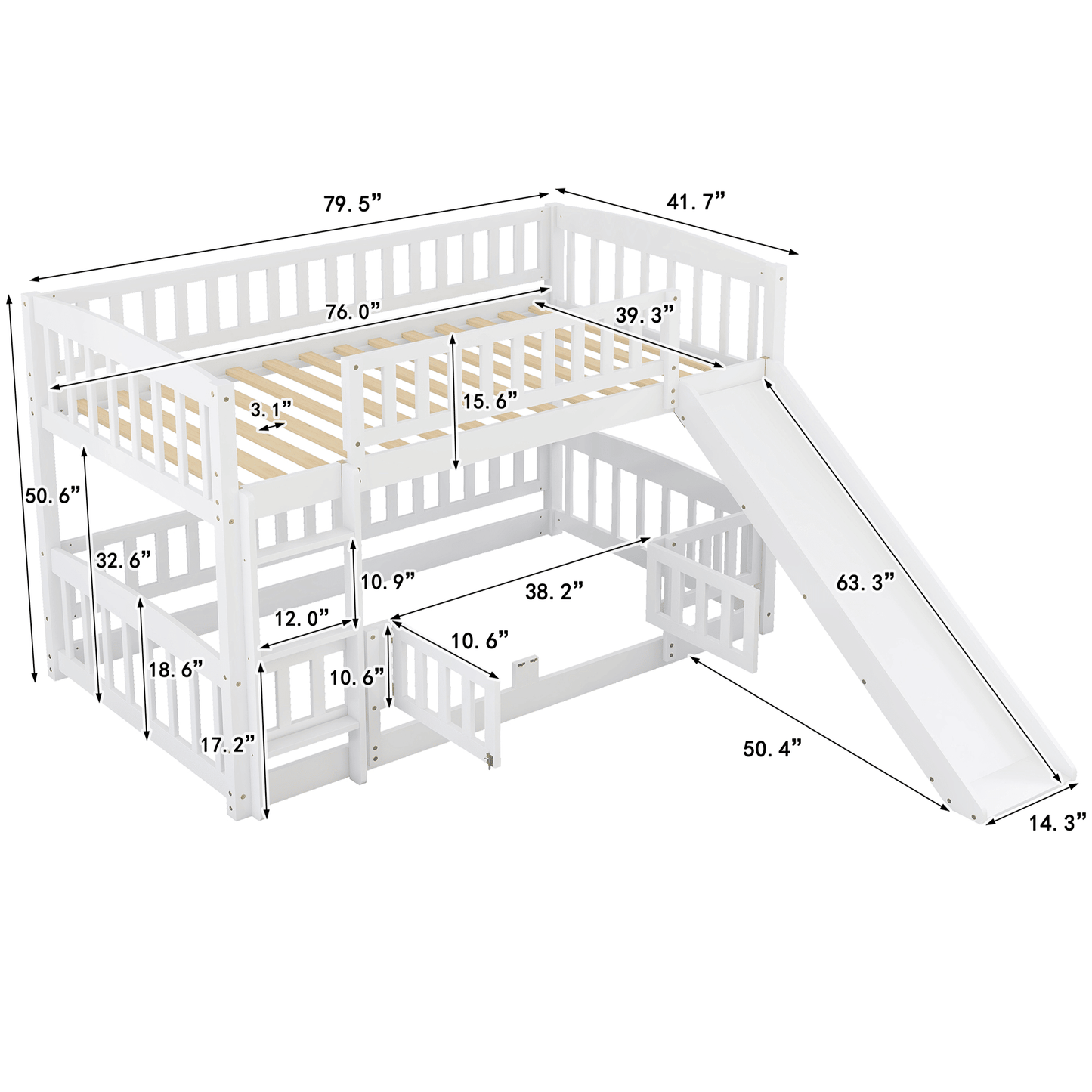 Safe Twin Over Twin Wood Low Bunk Bed with Slide, White with Fence and Ladder | Just Better Bunk Beds