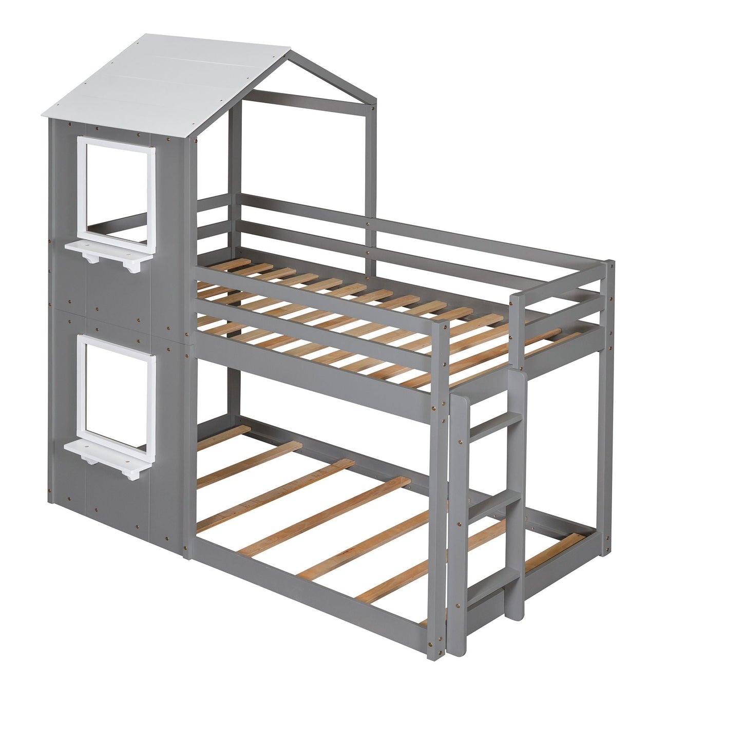 Twin Over Twin Bunk Bed Wood Bed with Roof,  Window,  Guardrail,  Ladder White