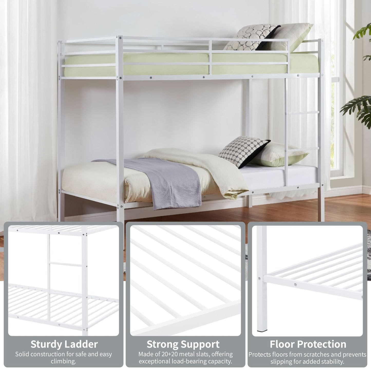 Space-Saving Low Profile Twin Over Twin Metal Bunk Bed with Ladder, White | Just Better Bunk Beds