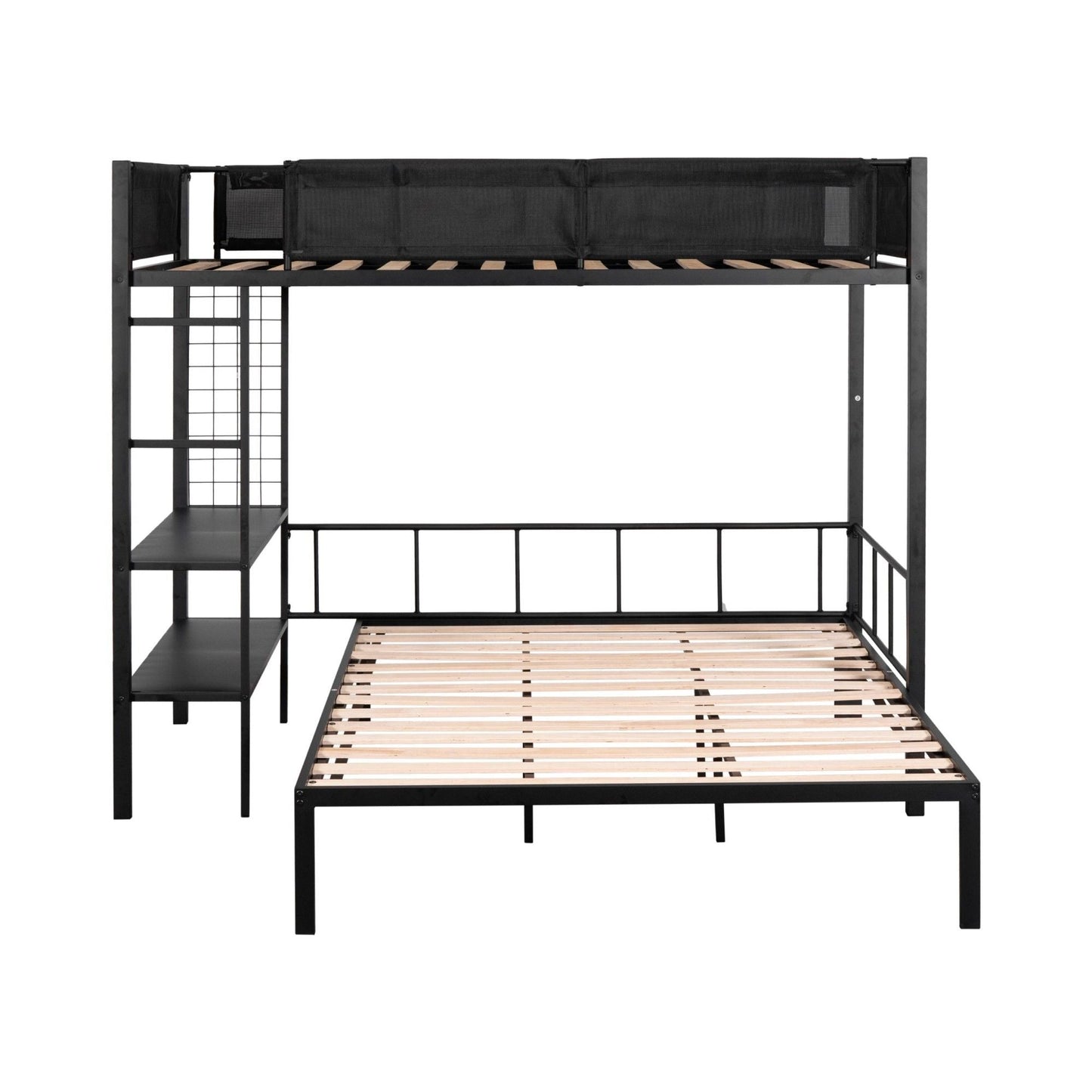 Heavy-Duty Twin Over Full Metal and Wood Bunk Bed with Shelves, Grid Panel, and Noise-Free Wood Slats, Black | Just Better Bunk Beds