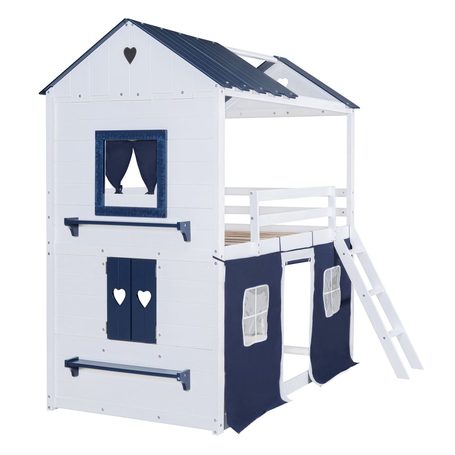 House-Style Twin Wood Bunk Bed with Elegant Windows, Sills, Tent, Blue and White | Just Better Bunk Beds