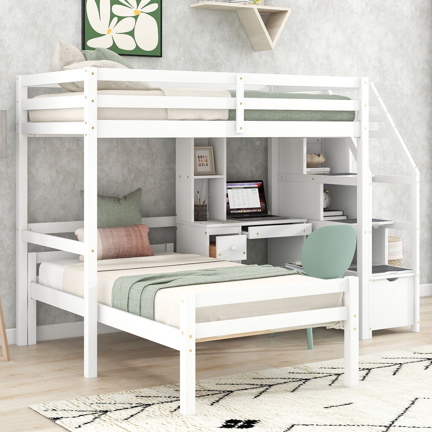 Space-Saving Twin Wood Loft Bed with Stand-Alone Bed, Storage Staircase, Desk, Shelves and Drawers, White | Just Better Bunk Beds