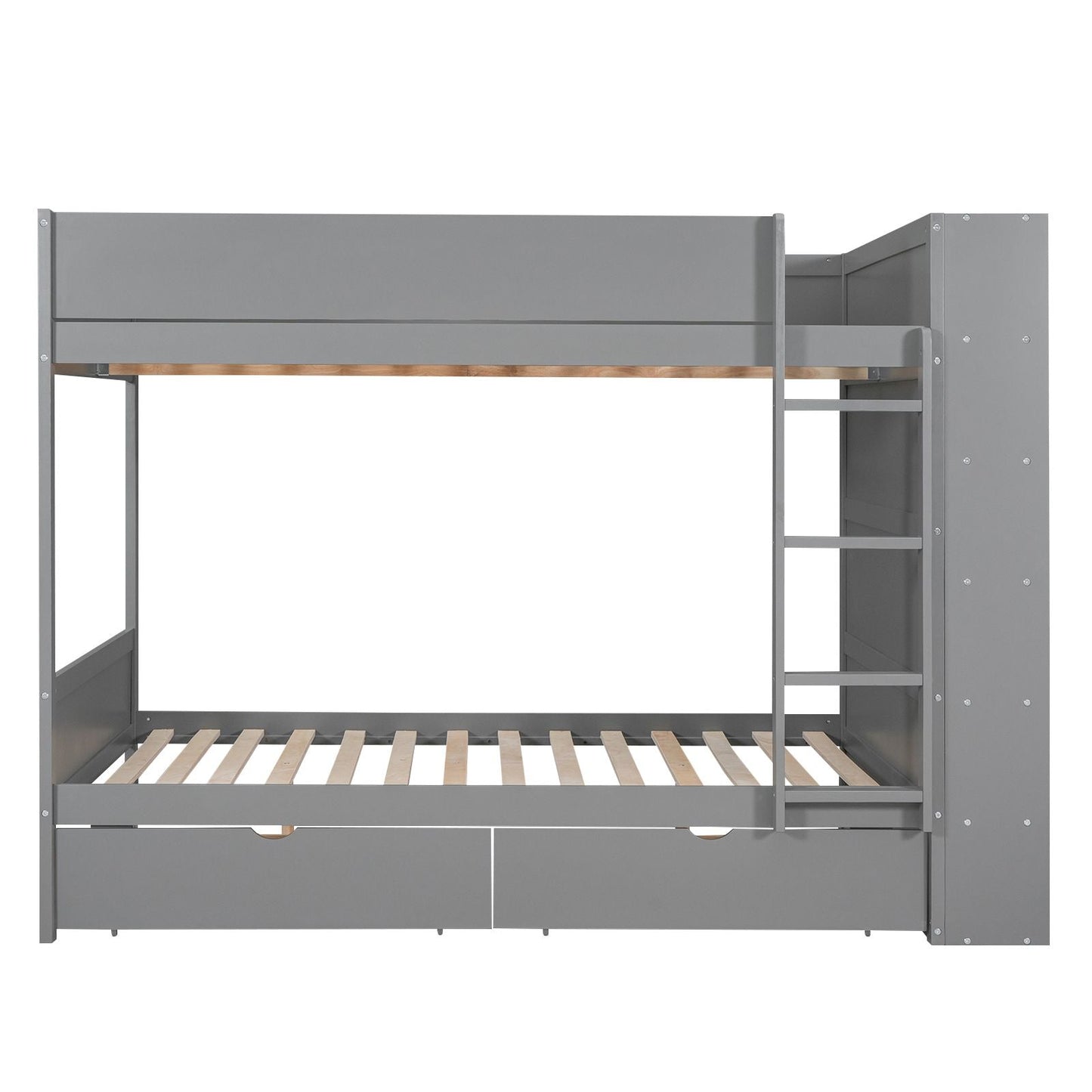 Storage Full Over Full Wood Bunk Bed with 2 Drawers and Multi-Layer Cabinet, Gray | Just Better Bunk Beds