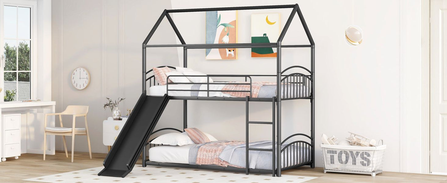 Kids Bedroom Twin Over Twin Metal Bunk Bed with Slide, Black | Just Better Bunk Beds