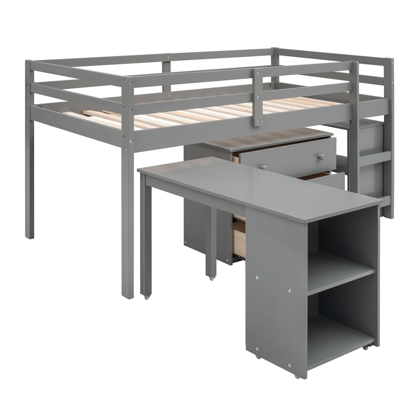Kids Bedroom Twin Wood Loft Bed with Cabinet and Rolling Desk, White | Just Better Bunk Beds