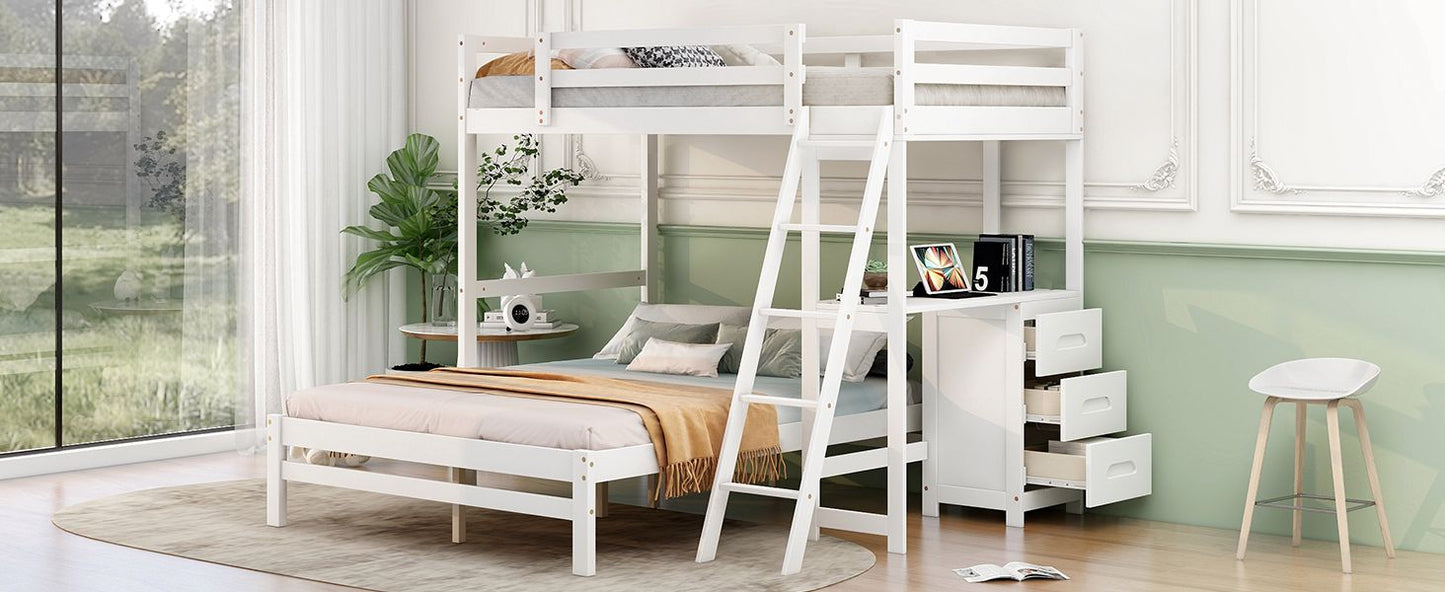 Space-Saving Twin Over Full Wood Bunk Bed with Built-In Desk and Three Drawers, White | Just Better Bunk Beds