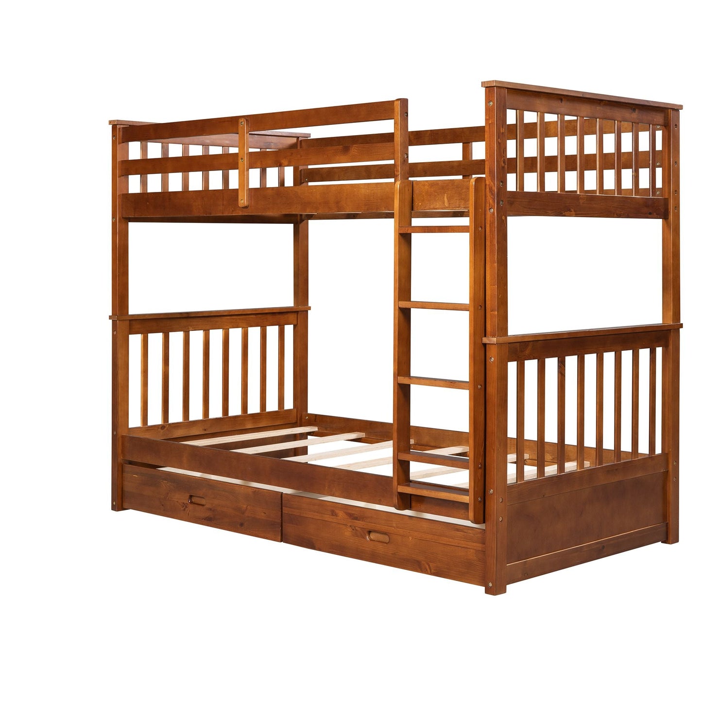 Storage-Enhanced Twin Over Twin Wood Bunk Bed with Ladders, Two Drawers, White | Just Better Bunk Beds