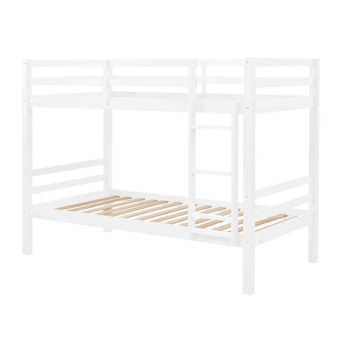 Heavy-Duty Twin Over Twin Wood Bunk Bed, White with Thick Posts, Ladder, and High Guardrail | Just Better Bunk Beds