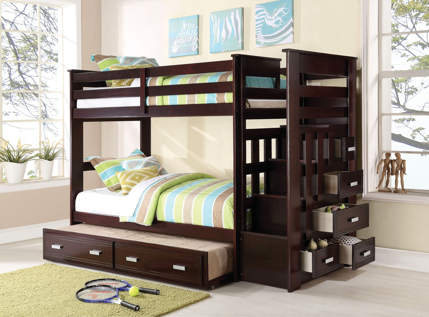 Space-Saving Twin Over Twin Wood Bunk Bed with Trundle and Storage, Espresso | Just Better Bunk Beds