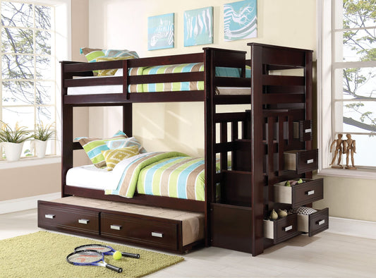 Space-Saving Twin Over Twin Wood Bunk Bed with Trundle and Storage, Espresso | Just Better Bunk Beds