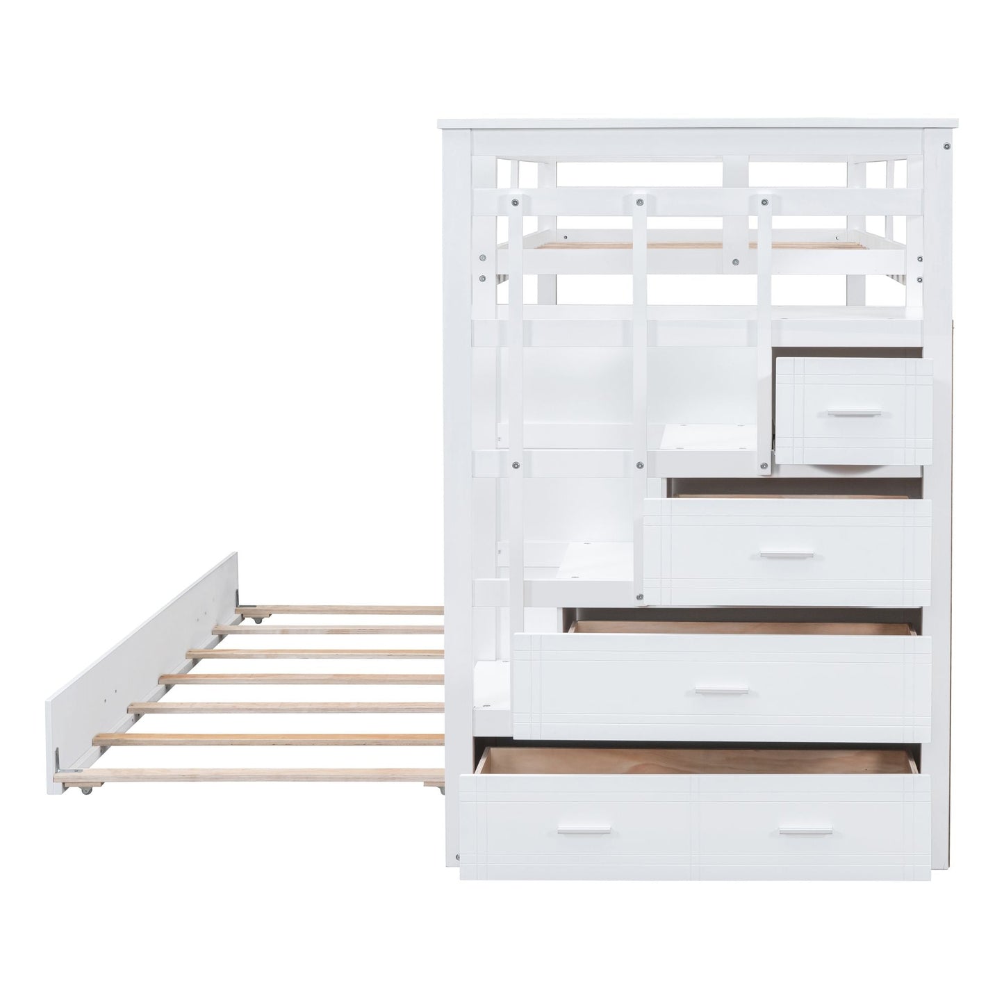 Shared Room Solution Twin Over Twin Wood Bunk Bed with Trundle and Staircase, White | Just Better Bunk Beds