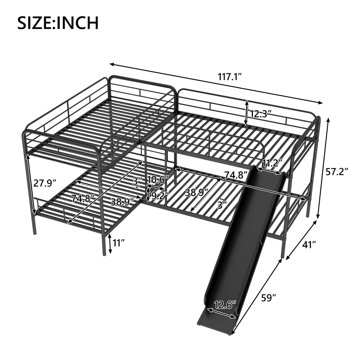 Twin Size L-Shaped Bunk Bed with Slide and Ladder,  Black
