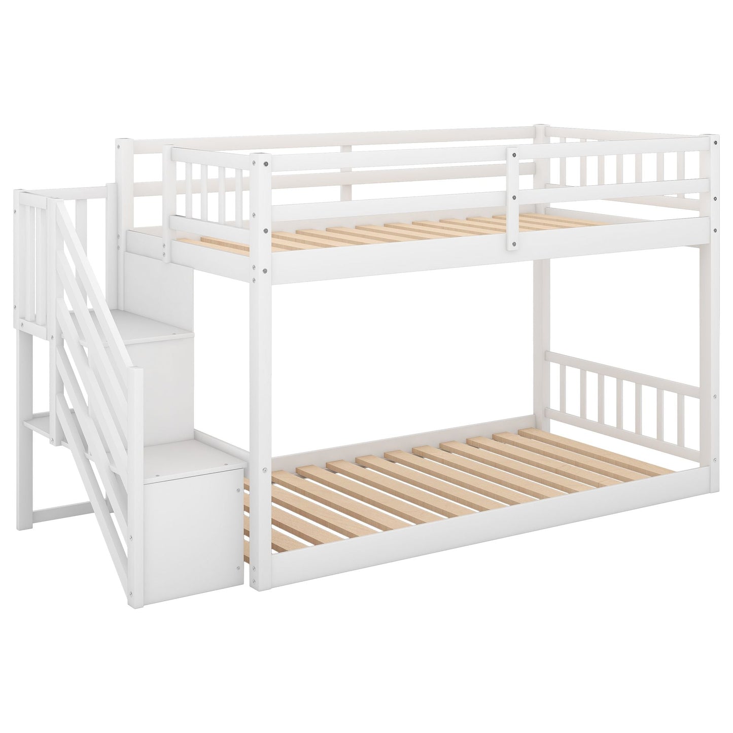 Floor-Level Twin Over Twin Wood Bunk Bed with Ladder and Storage, White | Just Better Bunk Beds