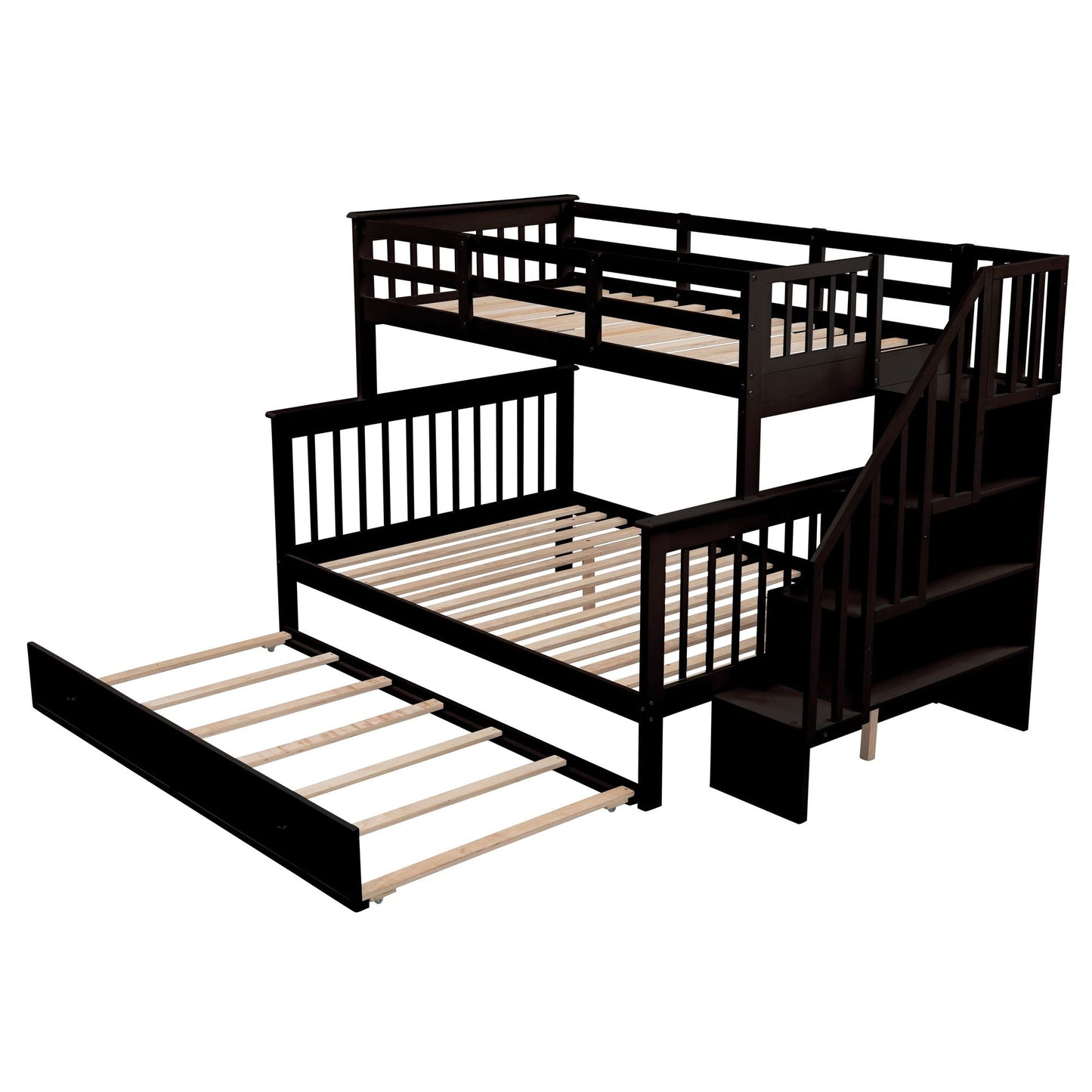 Twin-Over-Full Bunk Bed with Twin size Trundle,  Storage and Guard Rail for Bedroom,  Dorm,  for Adults,  Espresso