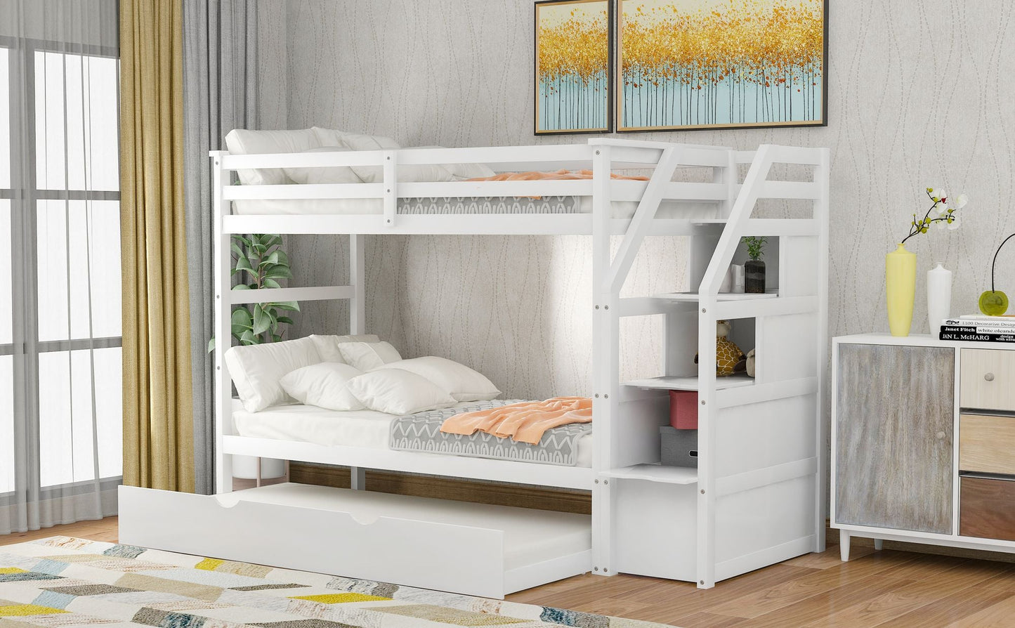 Space-Saving Twin Over Twin Wood Bunk Bed with Twin Trundle and 3 Storage Stairs, White | Just Better Bunk Beds