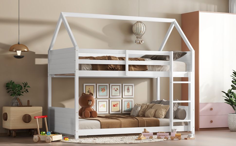 Twin Over Twin House Floor Bunk Bed with Headboards,  Footboards and Guardrails,  Ladder,  Rubber Wood Bunk Bed with Safety Guardrails, White
