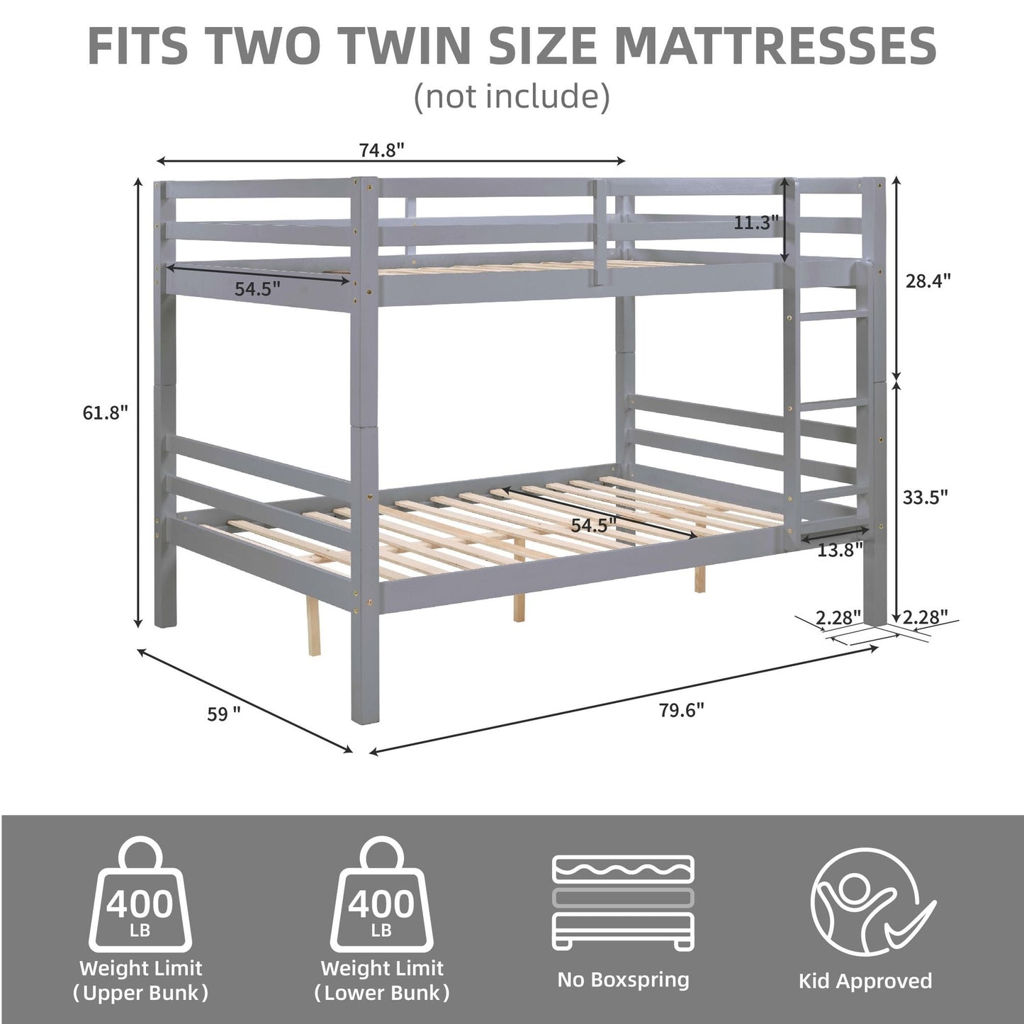 Durable Full Over Full Wood Bunk Bed with Thick Posts, High Guardrail, Ladder, Gray | Just Better Bunk Beds