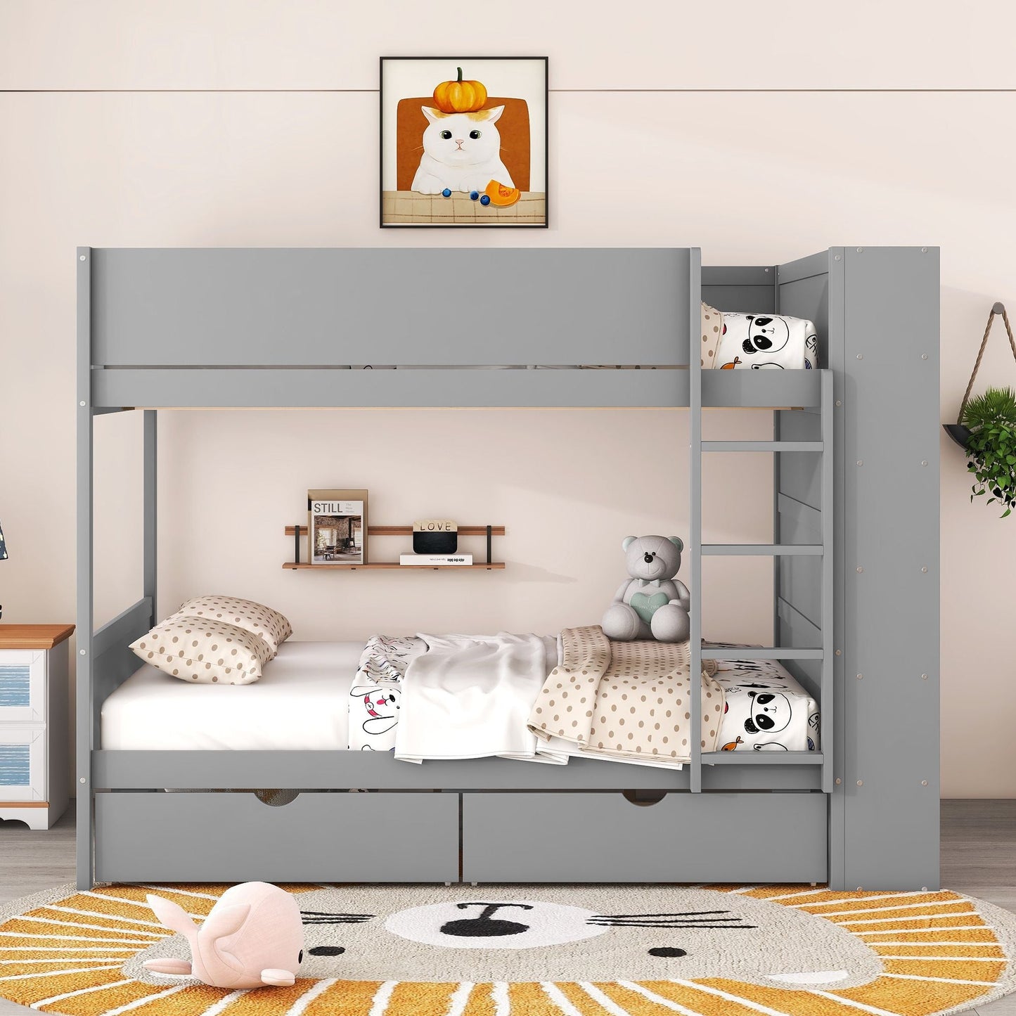 Storage Full Over Full Wood Bunk Bed with 2 Drawers and Multi-Layer Cabinet, Gray | Just Better Bunk Beds