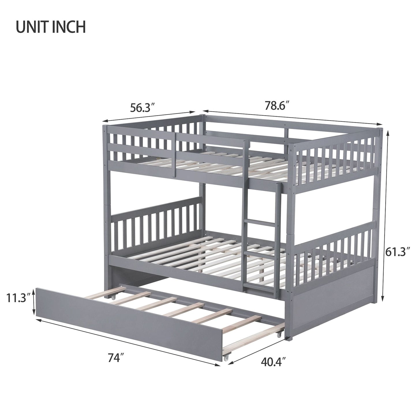 Convertible Full Over Full Wood Bunk Bed with Trundle and Ladder, Gray | Just Better Bunk Beds