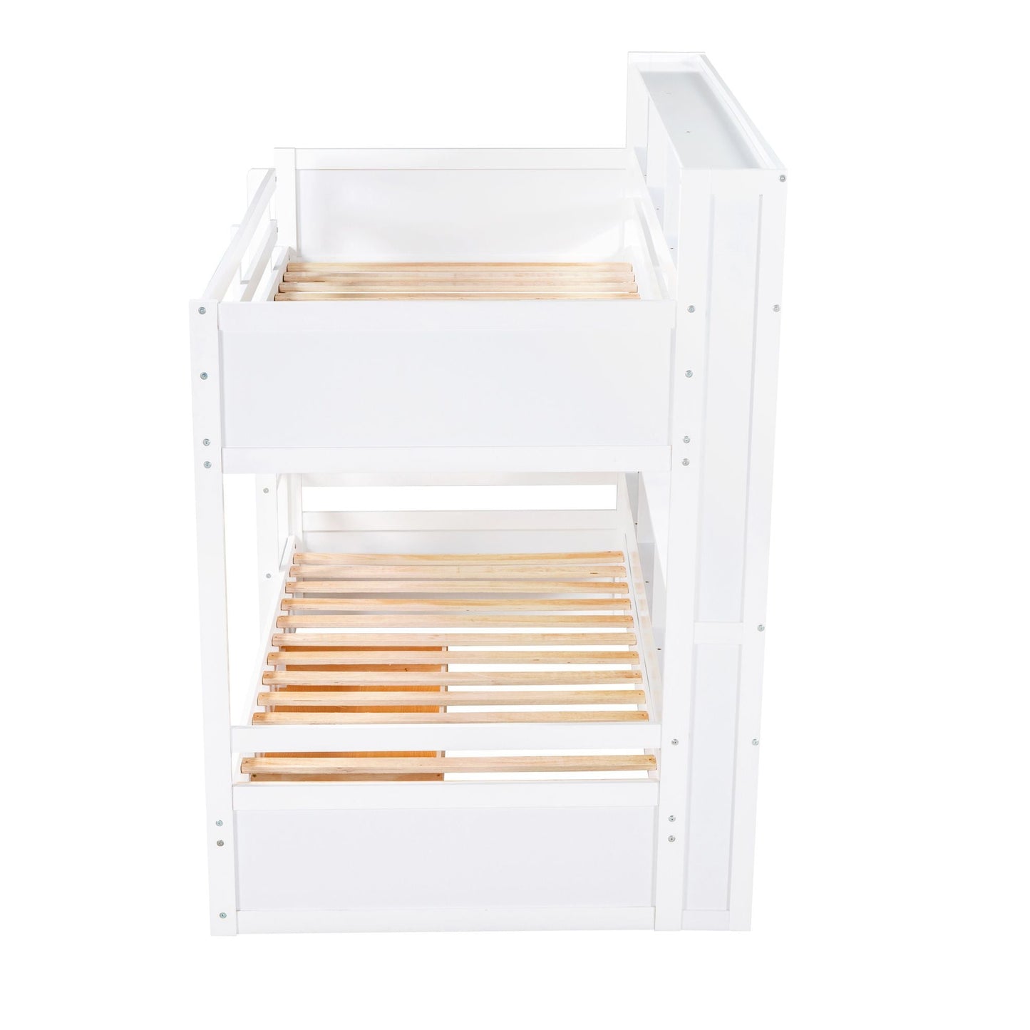 Organized Twin Wood Bunk Bed with Built-In Shelves and Storage Drawer, White | Just Better Bunk Beds
