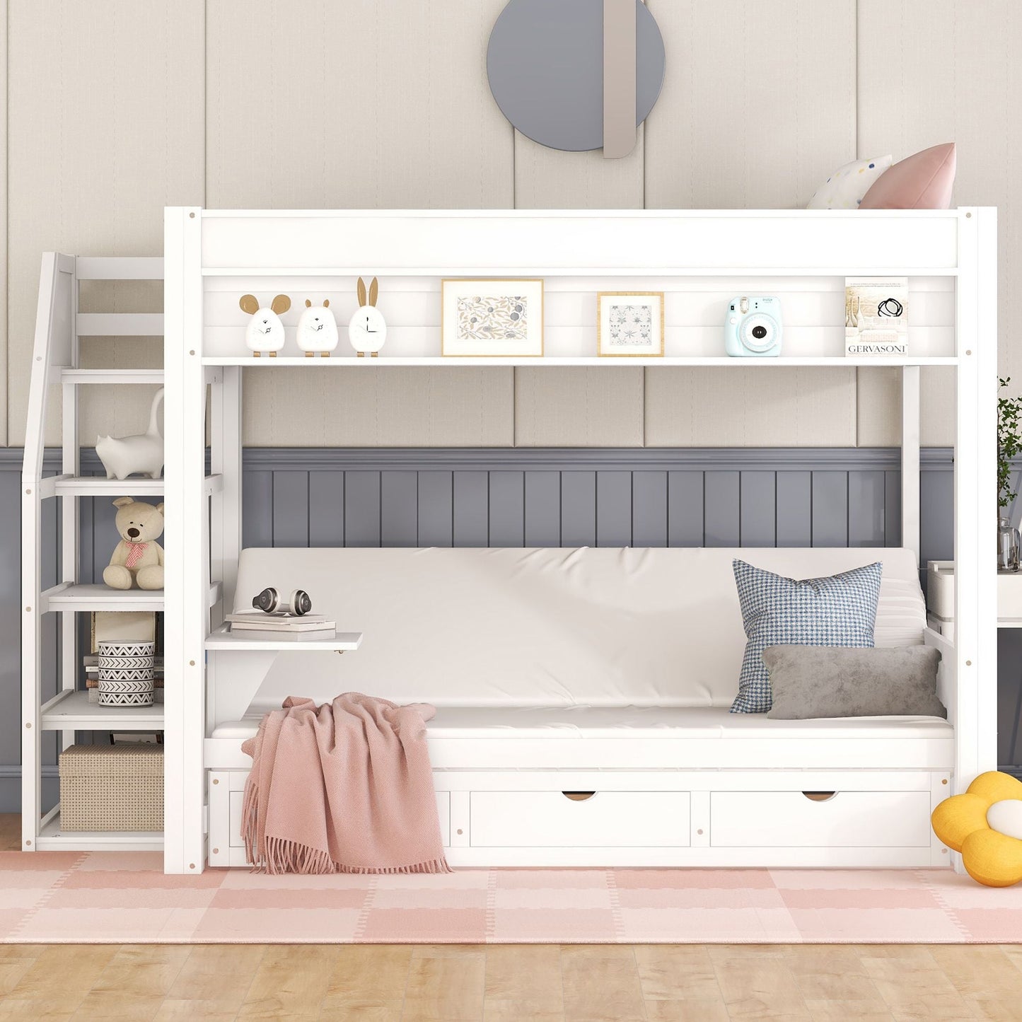 Convertible Full Wood Bunk Bed with Storage Staircase, Bedside Table, 3 Drawers, White | Just Better Bunk Beds