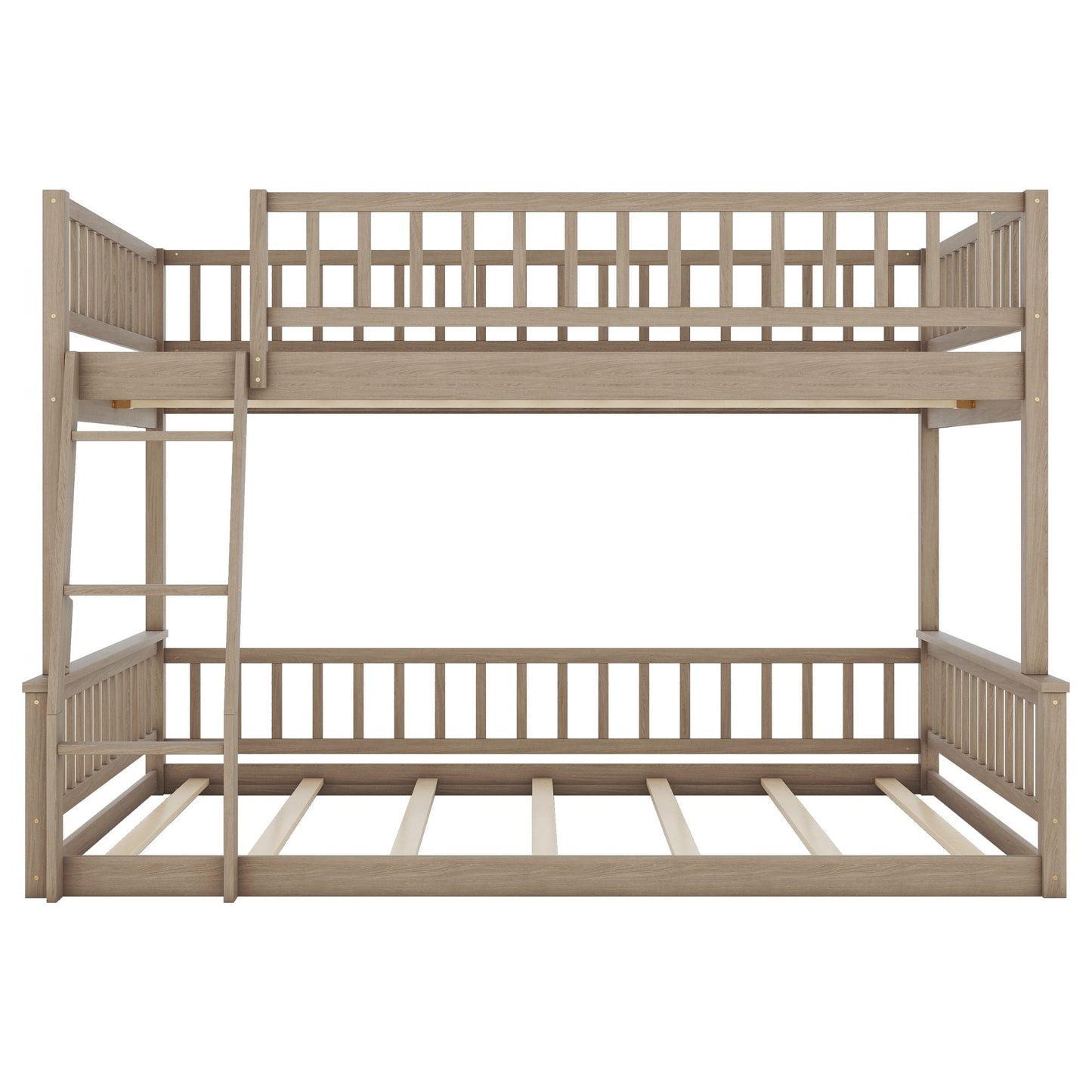 House-Style Full XL Over Queen Wood Bunk Bed with Ladder and Guardrails, Walnut | Just Better Bunk Beds