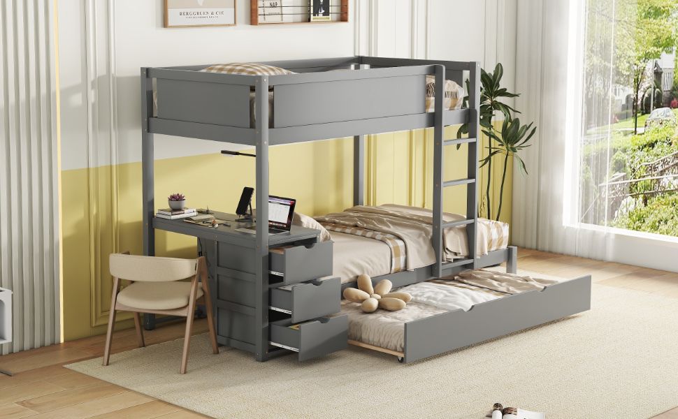 Space-Saving Twin Over Twin Wood Bunk Bed with Twin Trundle, Storage, Desk, Gray | Just Better Bunk Beds