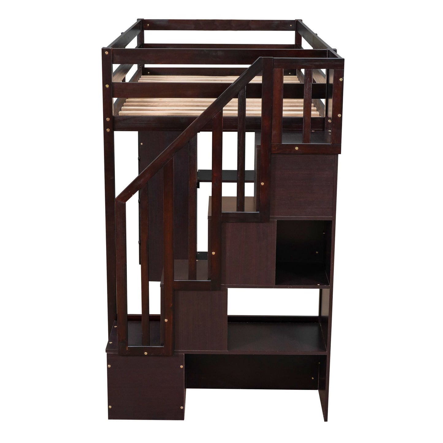 Kids Bedroom Twin Wood Loft Bed with Storage Drawers and Stairs, Espresso | Just Better Bunk Beds