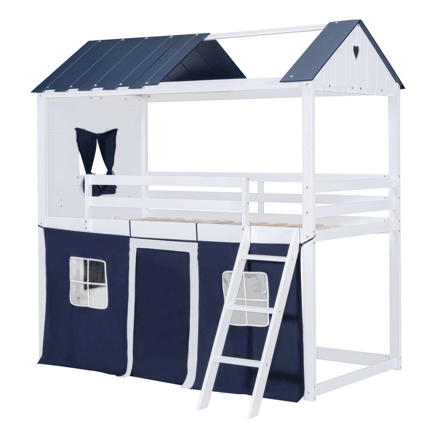 House-Style Twin Wood Bunk Bed with Elegant Windows, Sills, Tent, Blue and White | Just Better Bunk Beds