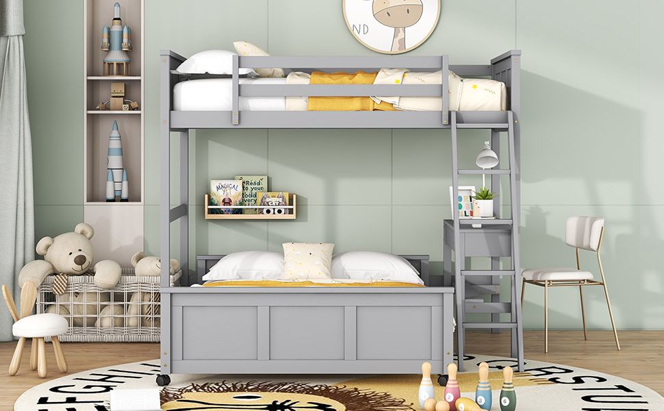 Twin Over Full Bunk Bed with Desk,  Gray