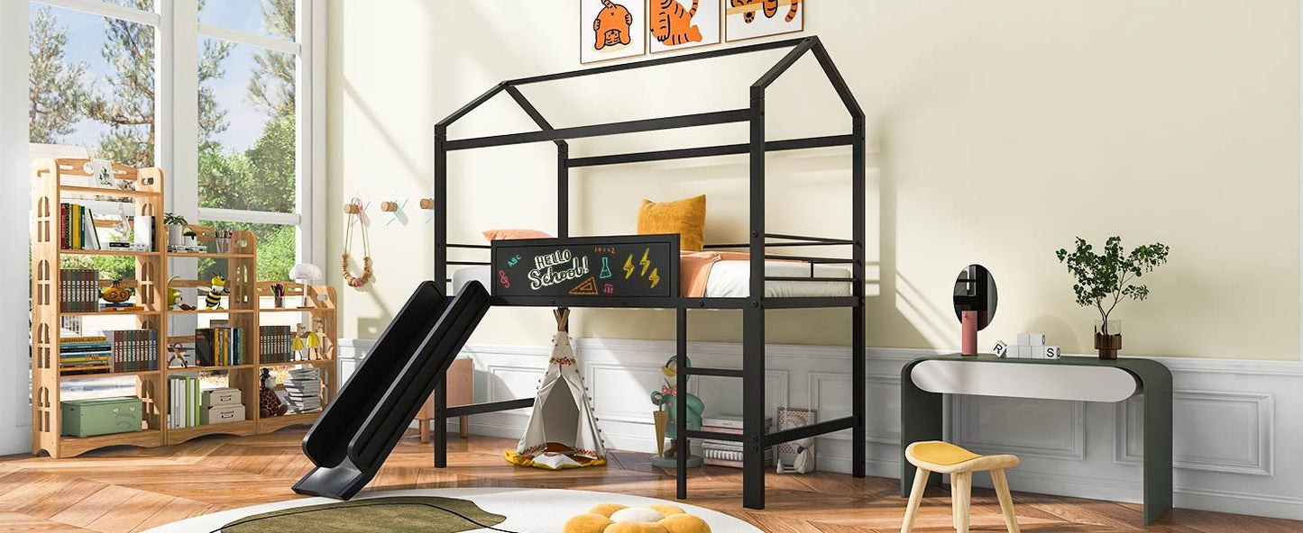 Metal House Bed With Slide,  Twin Size Metal Loft Bed with Two-sided writable Wooden Board (Black )