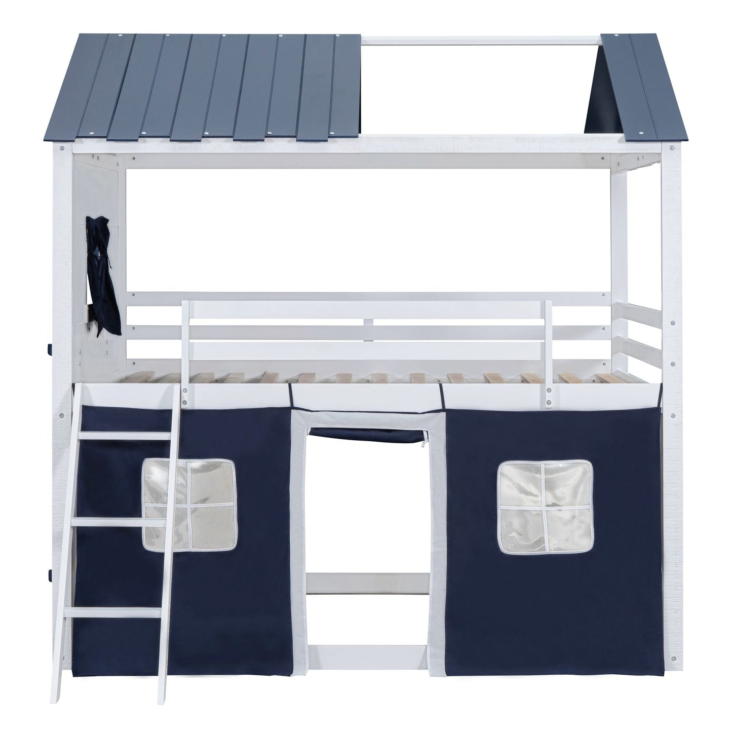 Kids Bedroom Full Wood House-Style Bunk Bed with Windows and Tent, Blue White | Just Better Bunk Beds