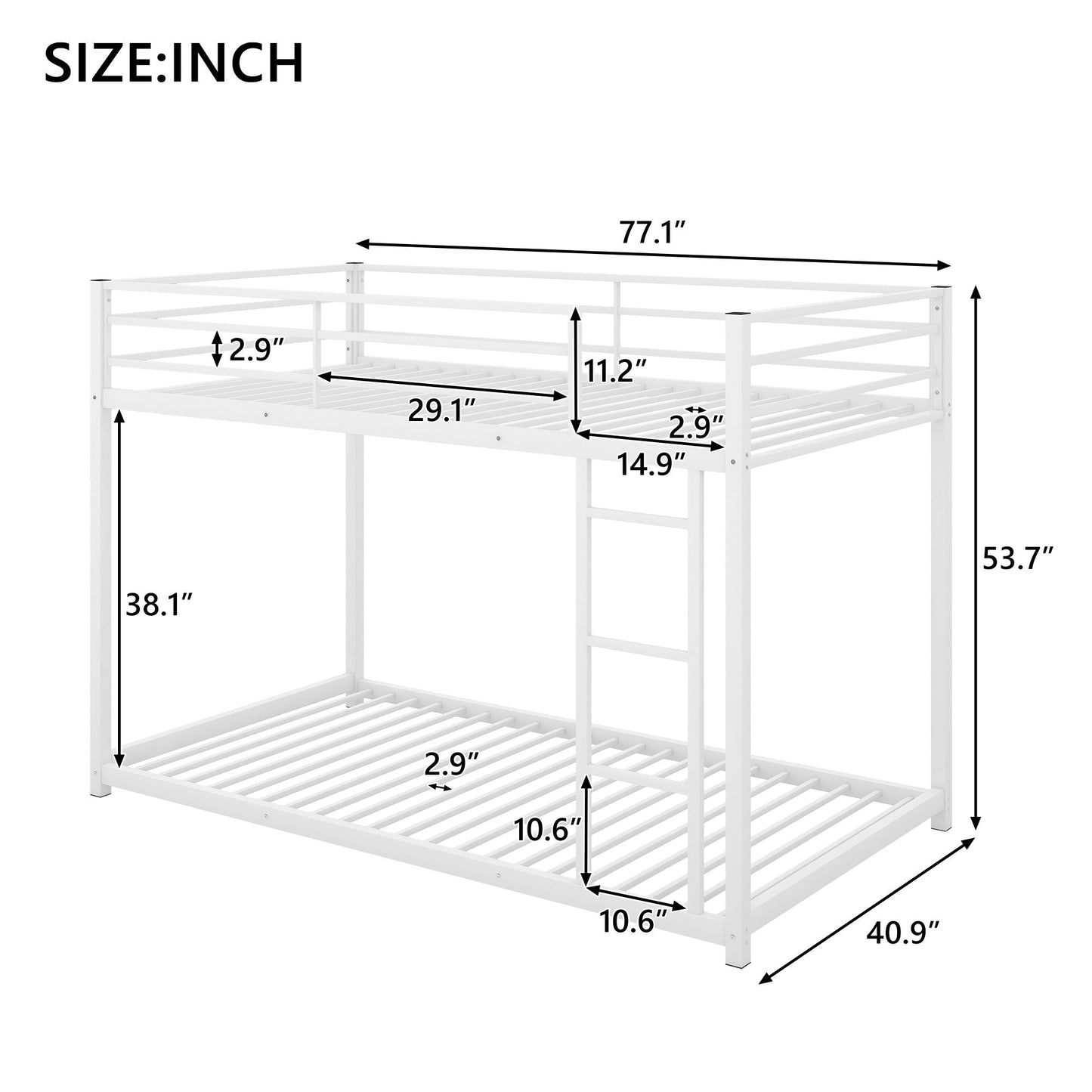Low Profile Twin Over Twin Metal Bunk Bed with Ladder, White | Just Better Bunk Beds